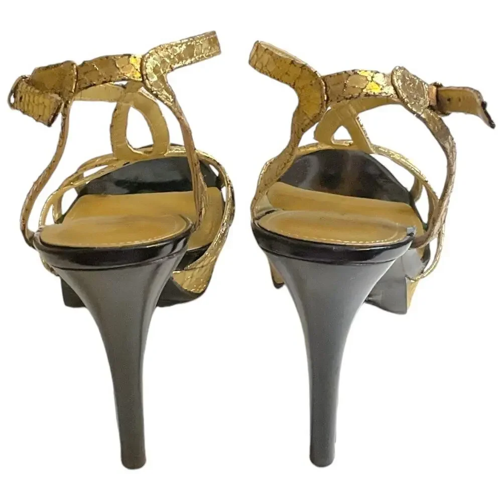 Marc Fisher Sandal SZ 8.5 Women Gold Belia Ankle Strap Heel Snakeskin-Flaw - Picture 7 of 14